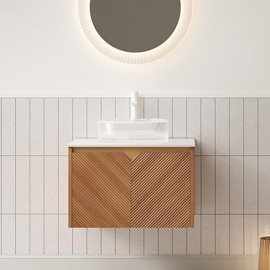 24 Inch Bathroom Vanity with Sink, Floating Fluted Vanity with Vessel Sink, Small Wall Mounted Bathroom Vanity Cabinet with 2 Doors, Glass Vessel Sink & Sintered Stone Top, Oak