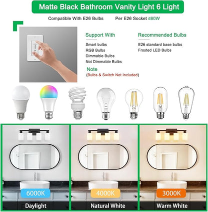 Black Bathroom Light Fixtures 4 Light Bathroom Vanity Light Matte Black Vanity Lights with Eye-Friendly Milky White Frosted Glass Shades E26 Socket (Bulbs Not Included)
