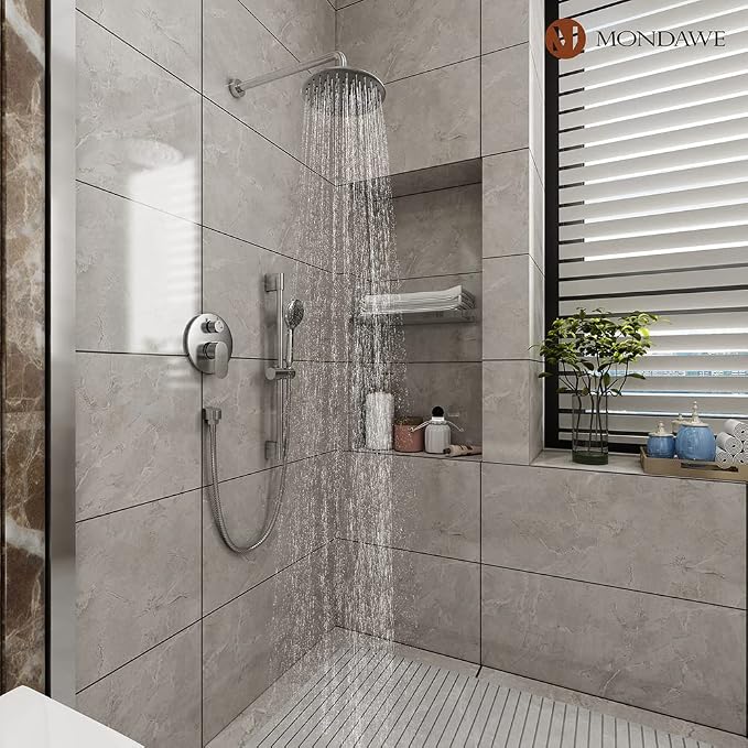 MONDAWE 9 Inch Wall Mounted Shower Faucet Set in Brushed Nickel, Rainfall Shower Head with 3-Setting Handheld Spray Shower Set Combo, High Pressure Shower System with Solid Brass Valve
