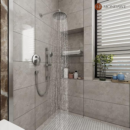 MONDAWE 9 Inch Wall Mounted Shower Faucet Set in Brushed Nickel, Rainfall Shower Head with 3-Setting Handheld Spray Shower Set Combo, High Pressure Shower System with Solid Brass Valve