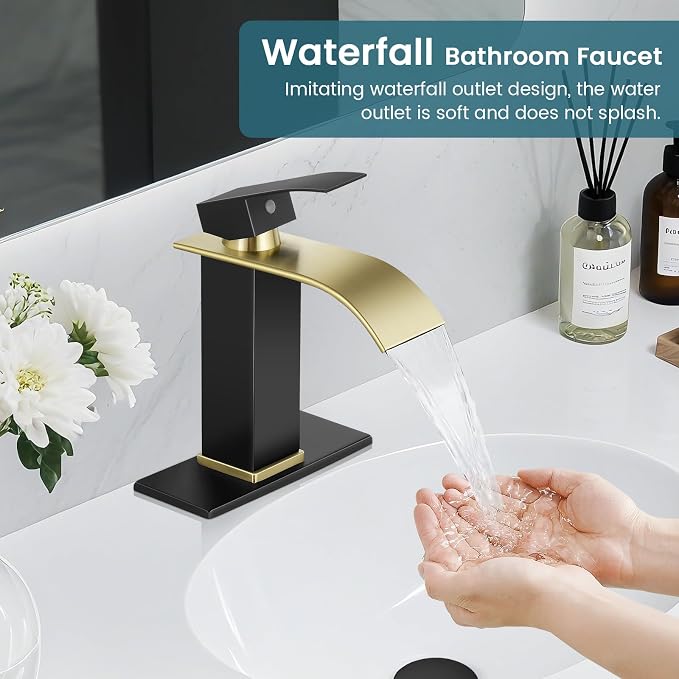 Bathroom Faucets Black and Gold Waterfall Bathroom Sink Faucet | with Pop-up Drain Supply Hoses and Deck,Single Handle Vanity Faucet,Stainless Steel,1 or 3 Hole,RV,Farmhouse Bathrooms
