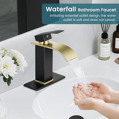 Bathroom Faucets Black and Gold Waterfall Bathroom Sink Faucet | with Pop-up Drain Supply Hoses and Deck,Single Handle Vanity Faucet,Stainless Steel,1 or 3 Hole,RV,Farmhouse Bathrooms