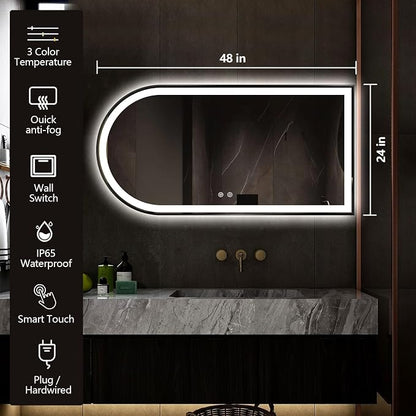 Arched LED Bathroom Mirror, 48"x24" Arch Backlit Vanity Mirror with Lights, Frontlit, Dimmable, 3 Colors, Memory Function, Anti-Fog Smart Mirror, Black Frame, Shatterproof, Horizontal-Right