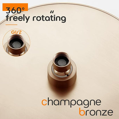 Rainhead Waterfall Shower Head 10-Inch Large Bathroom Overhead Fixed Showerhead High Pressure 2.5 GPM with Adjustable Angle, Champagne Bronze SH001CPG-D10