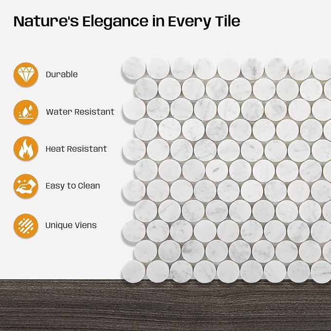 Carrara White Marble Mosaic Tile for Kitchen Bathroom Floor 1 Inch Penny | Water & Heat Resistant Polished Marble Backsplash Tiles for Wall Floor Fireplace Surround Durable Unique Veins 4.8SQFT