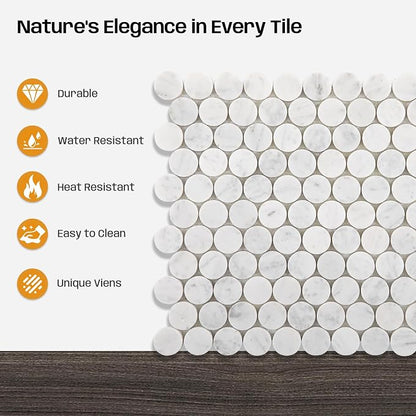 Carrara White Marble Mosaic Tile for Kitchen Bathroom Floor 1 Inch Penny | Water & Heat Resistant Polished Marble Backsplash Tiles for Wall Floor Fireplace Surround Durable Unique Veins 4.8SQFT