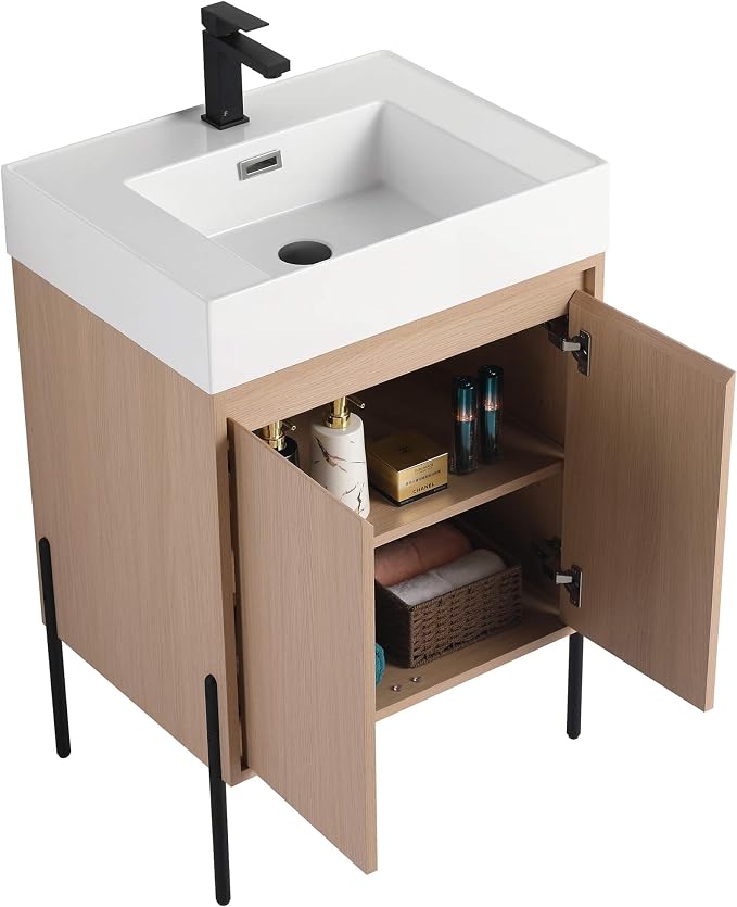 Crownpoint 24 Inch Bathroom Vanity with Sink, White Sink, White Oak Finish, Full Assembly Required, Elegant Bathroom Vanities for Modern Homes