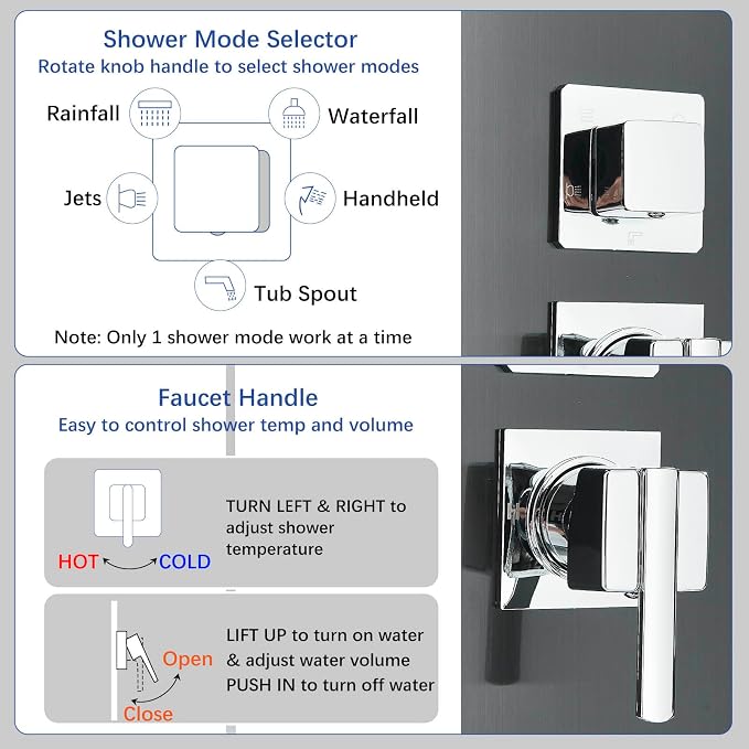 AlenArt Stainless Steel LED Shower Panel Tower System, Bathroom 5-Function Shower Panel Tower with LED Rainfall Waterfall Shower Head, Massage Jets, Tub Spout, Handheld Shower, Black-8126