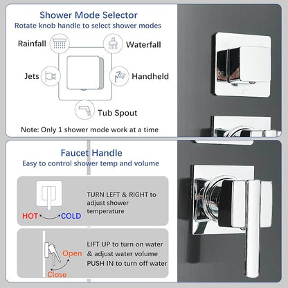 AlenArt Stainless Steel LED Shower Panel Tower System, Bathroom 5-Function Shower Panel Tower with LED Rainfall Waterfall Shower Head, Massage Jets, Tub Spout, Handheld Shower, Black-8126