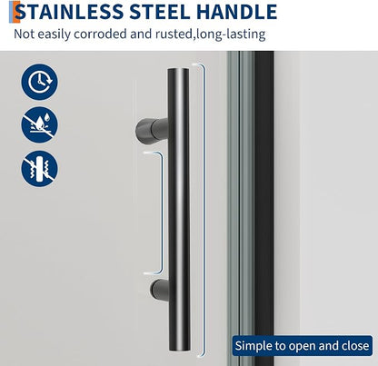 Frameless Hinged Shower Door, Adjustable 33.6"-34.6" W x 72" H Single Swing Pivot Door, 6mm (1/4") Tempered Glass with Coating, Matte Black Stainless Steel Handle, Reversible for Left/Right Installati