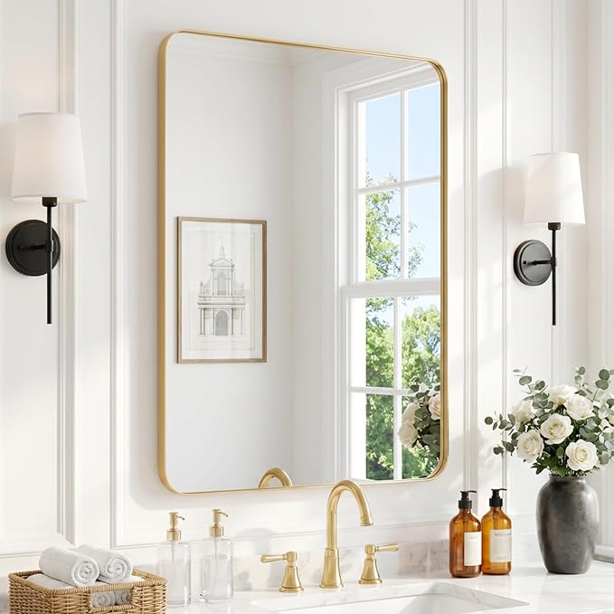 Brushed Gold Bathroom Mirror for Over Sink, 30" x 40" Framed Rectargular Wall-Mounted Bathroom Mirrors for Vanity, Decorative, Farmhouse, Restroom, Horizontally or Vertically Hanging