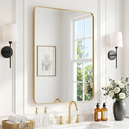Brushed Gold Bathroom Mirror for Over Sink, 30" x 40" Framed Rectargular Wall-Mounted Bathroom Mirrors for Vanity, Decorative, Farmhouse, Restroom, Horizontally or Vertically Hanging