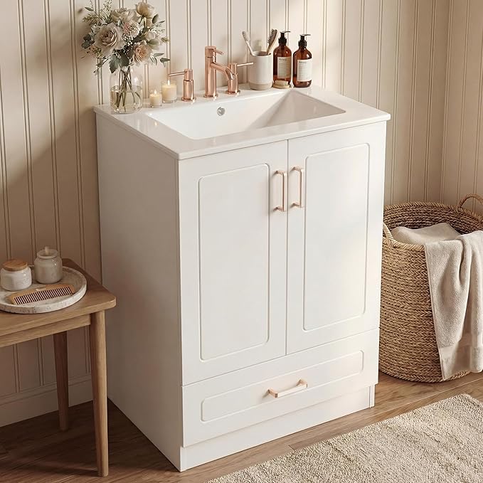 Sweetcrispy 24" Modern Bathroom Vanity with Ceramic Basin, Undermount Vanity Sink Cabinet with 2 Doors and 1 Drawer, Free Standing Bathroom Storage Cabinet with Sink Combo Set, Ivory