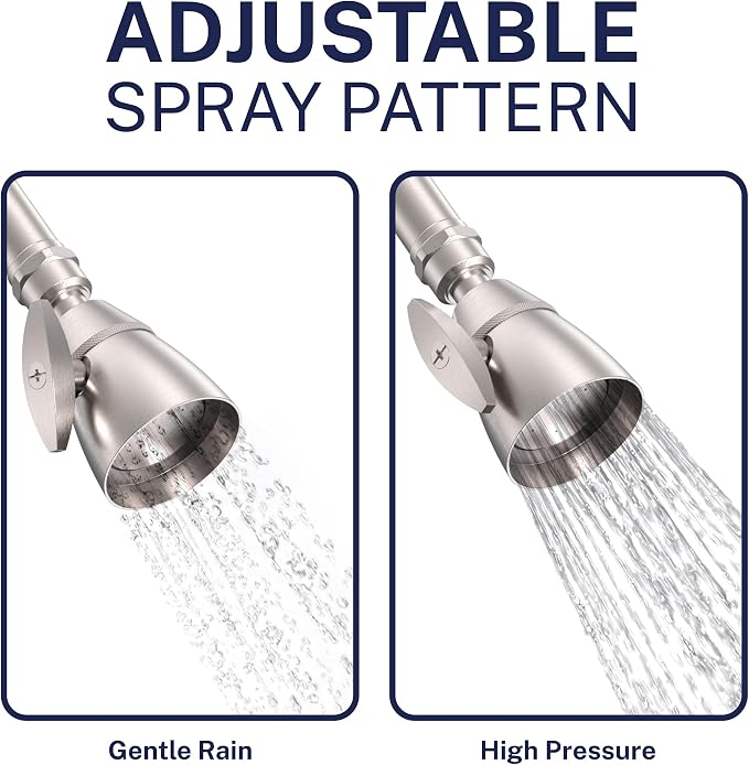 HammerHead Showers® Solid Metal 2 Inch High Pressure Shower Heads - BRUSHED NICKEL – 2.5 GPM Shower Heads High Pressure - High Flow Shower Head with ADJUSTABLE SPRAY PATTERN - Fixed Shower Head