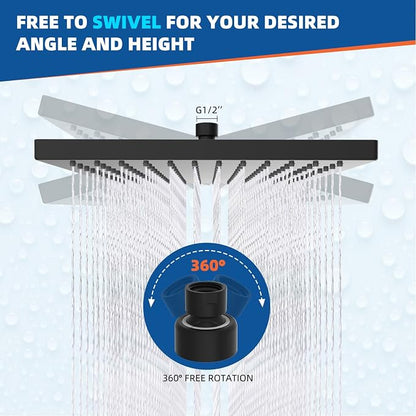 Hibbent cUPC Certified High Pressure 10'' Rain Shower Head, Matte Black | Metal Square Bathroom Waterfall Thickness Shower Heads, High-flow Fixed Rainfall Showerheads, Adjustable Brass Ball Joint