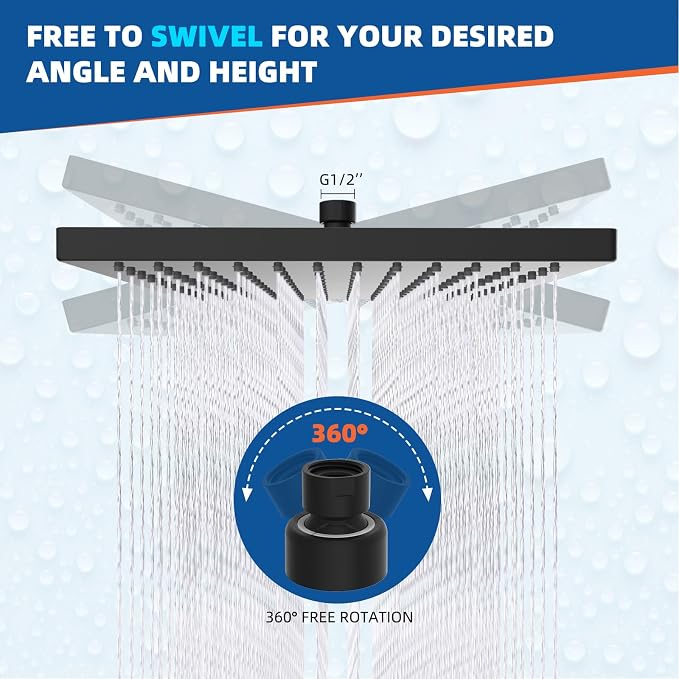 Hibbent cUPC Certified High Pressure 12'' Rain Shower Head, Matte Black | Thickness Metal Showerhead, Square Large Bathroom Rainfall Shower Head, Adjustable Brass Ball, Waterfall Full Body Coverage