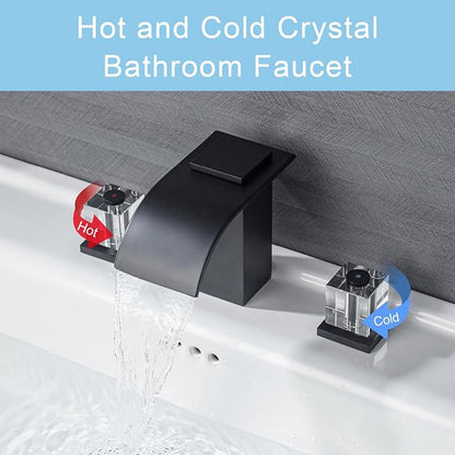 Matte Black Waterfall Bathroom Faucet 3 Hole Widespread Sink Faucet with Crystal Handles, Modern Bathroom Sink Faucet, 2 Handle Deck Mount Lavatory Faucet for Vanity Sink