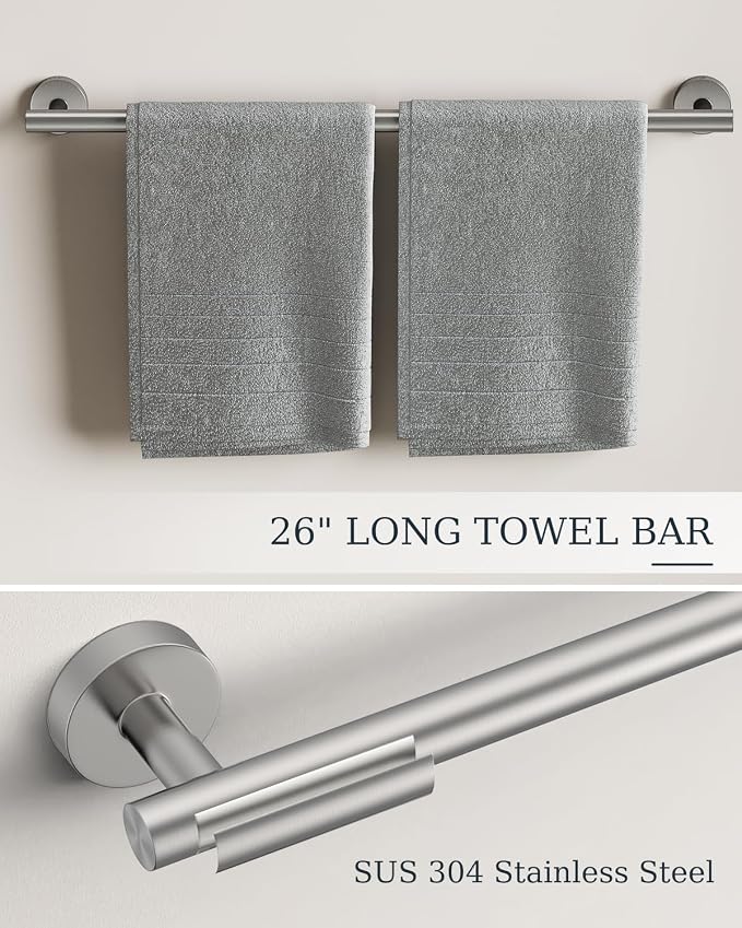 Brushed Nickel Bathroom Hardware Set 10 Pieces Stainless Steel | Evolvegoods Bathroom Hardware Set, Includes 26 inch Towel Bar, 4 Towel Hook, 2 Towel Ring Toilet Paper Holder