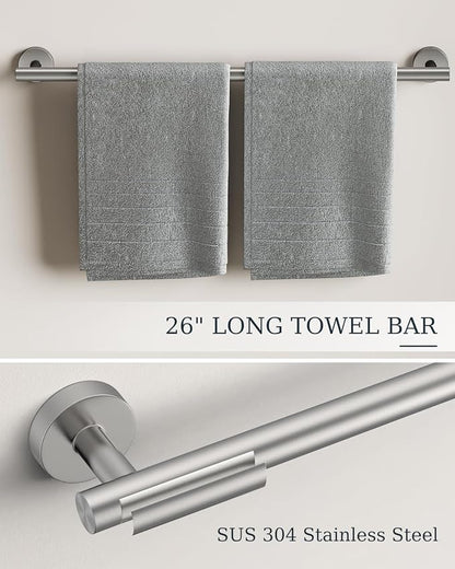 Brushed Nickel Bathroom Hardware Set 10 Pieces Stainless Steel | Evolvegoods Bathroom Hardware Set, Includes 26 inch Towel Bar, 4 Towel Hook, 2 Towel Ring Toilet Paper Holder