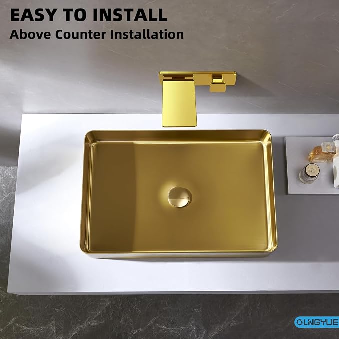 Brushed Gold Bathroom Vessel Sink: 20"x14" Rectangular Vanity Washbasin | Modern Above Counter Sinks with Stainless Stee PVD Coating Pop Up Drain for Home Hotel Office Toilet Renovation Decoration