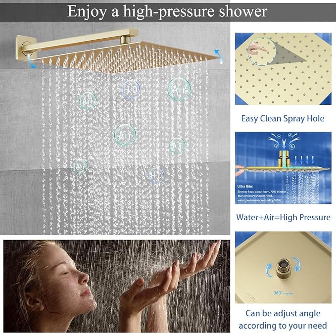 Shower Faucet Set 16 Inch Wall Mount Rain Shower System, All Metal Shower Fixtures - Brushed Gold