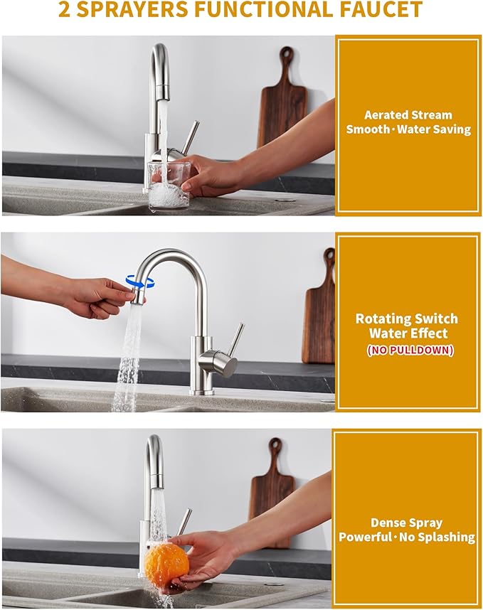 Tohlar Brushed Nickel Bar Sink Faucet Single Handle, Single Hole Bathroom Sink Faucet with Sprayer, Prep Wet Small Faucet for Kitchen/RV/Vanity, Bathroom Faucet with Swivel Spout & Pop Up Drain