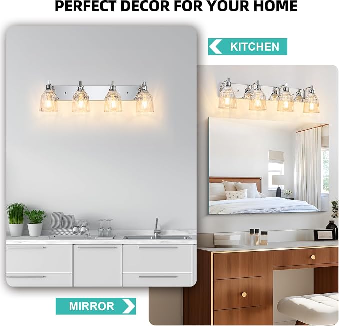 4 Light Bathroom Light Fixtures Modern Chrome Vanity Lights for Bathroom Lighting Fixtures Over Mirror with Thickened Glass Shade for Cabinet Mirror Bedroom Hallway