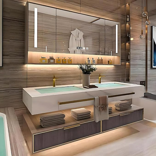 Double Bathroom Vanities, Floating Bathroom Vanity with Sink, Luxury Bathroom Vanity Set Includes Slate Countertop, Vanity Cabinet with Towel Bar & Defog Mirror Cabinet with Lights(64 inch)