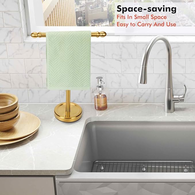 Hand Towel Holder Gold, T-Shape Hand Towel Stand for Bathroom, Stand Hand Towel Rack Free-Standing Towel Bar for Bathroom Kitchen Countertop, Stainless Steel