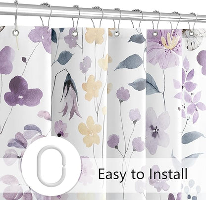 Extra Long Shower Curtain 72 x 96 Inch, Floor to Ceiling X-Long Purple Yellow Floral Shower Curtain, Watercolor Flower Butterfly Fabric Shower Curtain Set with Hooks, Lavender Purple