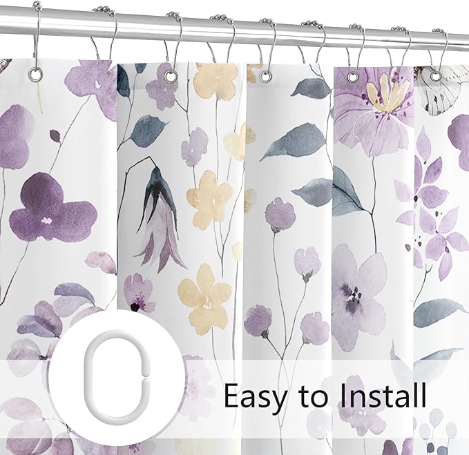 Lavender Purple Floral Shower Curtain 60x72, Purple Yellow Flower Fabric Shower Curtain for Bathroom, Cute Wildflower Butterfly Cloth Shower Curtain Set with Hooks