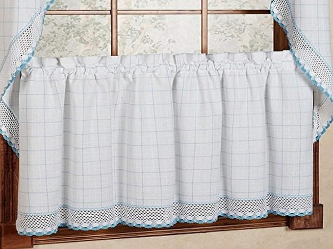 Sweet Home Collection Adirondack Cotton Kitchen Window Curtains Pair, 24" Tier, White/Blue