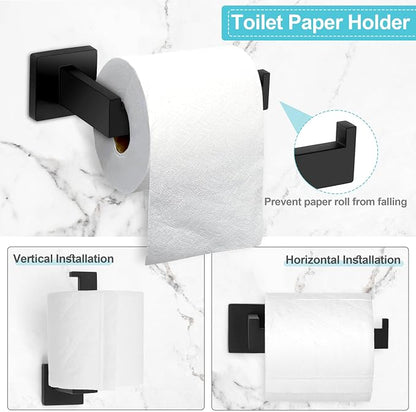 Herogo 5 Pieces Bathroom Accessories Set, 23.5 Inch Matte Black Bathroom Hardware Set, Including Toilet Paper Holder, Hand Towel Holder, Hooks & Ring, Bath Towel Racks Bars Wall Mount