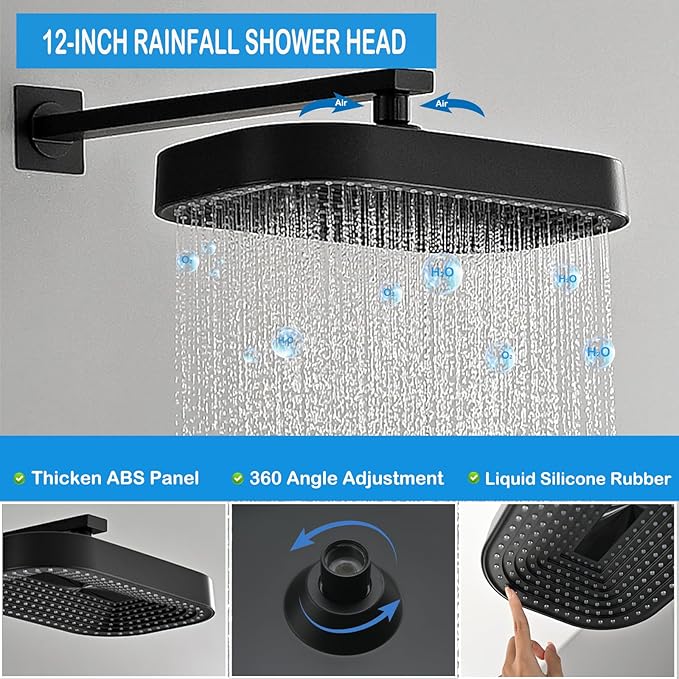12" Rain Shower System with 4 Massage Body Jets,Shower Faucet Set Luxury Shower Head System with 3-in-1 Handheld,Wall Mounted Shower System Set with Valve and Trim Kit,Matte Black