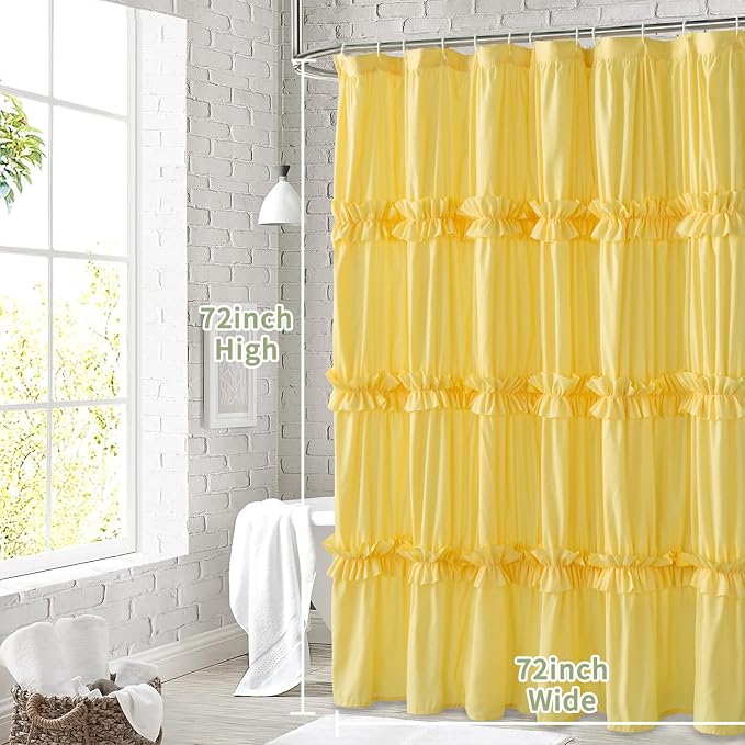 Farmhouse Ruffle Shower Curtain, Bright Yellow, 72 x 72 in | Decorative Elegant Bathroom Curtain with 12 Holes, Soft Ruched Microfiber Fabric, Vintage Handmade Design