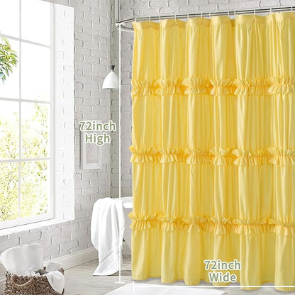 Farmhouse Ruffle Shower Curtain, Bright Yellow, 72 x 72 in | Decorative Elegant Bathroom Curtain with 12 Holes, Soft Ruched Microfiber Fabric, Vintage Handmade Design