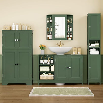 TEENFON 35.4" Pedestal Sink Storage Cabinet with 2 Doors and Adjustable Shelves, Bathroom Sink Cabinet, Under Sink Storage with U-Shape Cut-Out, Green