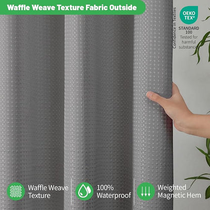 No Hook Waffle Shower Curtain, No Liner Needed Separate, 71x80 Inch, Grey | 100% waterproof TPU-laminated backing, magnetic weighted hem, machine washable, shower curtain set for bathroom or hotel use