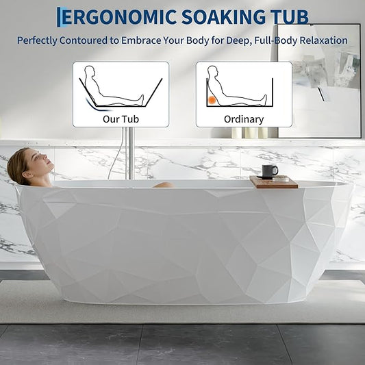 Freestanding Bathtub 67 Inch Acrylic Free Standing Tub – Diamond-Style Carved Texture Design, Freestanding Bathtubs with Chrome Overflow & Pop-Up Drain, Modern Stand Alone Tub for Bathroom Remodel