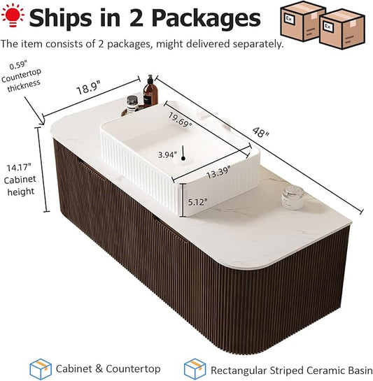 48" Floating Bathroom Vanity with Sink, Wall-Mount Cabinet with 2 Large Storage Drawer, White Rectangular Ceramic Basins and Marble Top, Soft-Close Design, Dark Walnut