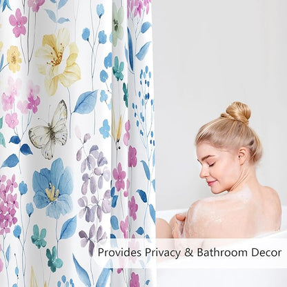 Extra Long Shower Curtain 72 x 84 Inch, Tall Blue Pink Floral Shower Curtains for Bathroom, Watercolor Flower Butterfly Fabric Shower Curtain Set with Hooks