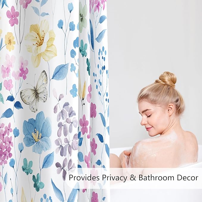 Blue Pink Floral Shower Curtain 60x72, Cute Flower Fabric Shower Curtains for Bathroom, Wildflower Butterfly Cloth Shower Curtain Set with Hooks