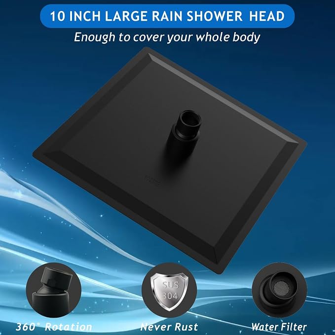 Voolan All Metal Shower Head with Extension Arm, Stainless Steel Waterfall Rainfall Showerheads, High Flow Bathroom Square Rain Shower Head (10’’ Shower Head with 16’’ Shower Arm, Black)