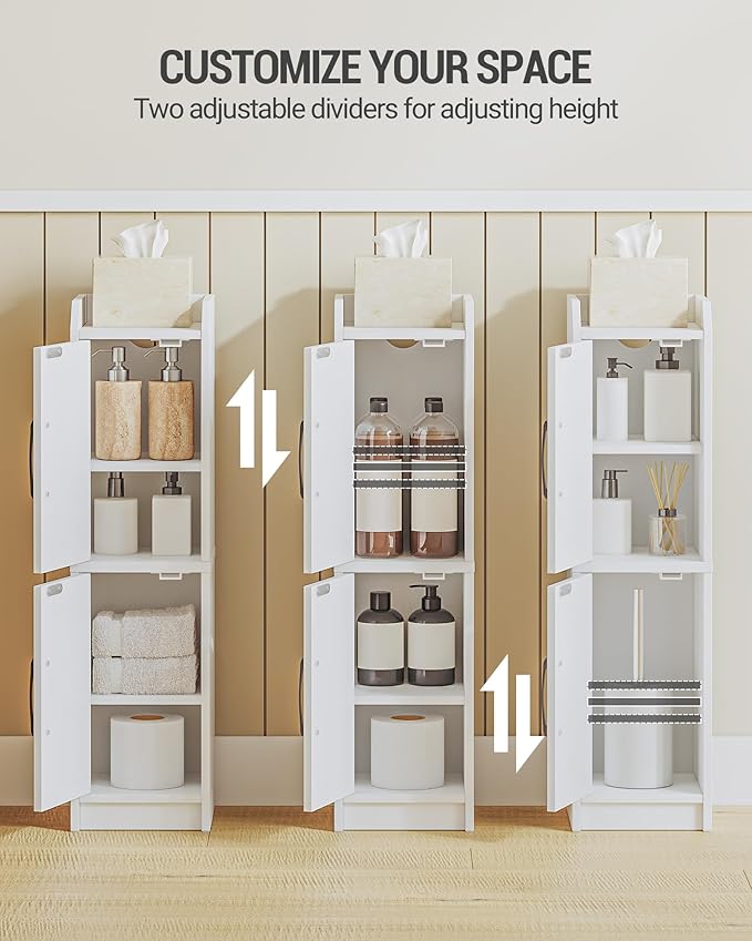 Bathroom Storage Cabinet, Small Corner Floor Cabinet with Door and Shelves, Narrow Bathroom Organizer and Paper Storage with Adjustable Shelves, for Small Spaces, White BC27013X