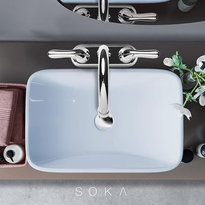 SOKA Two Handles Centerset Bathroom Faucet for Sink High Arc Stainless Steel with Deck Plate & Pop-Up Drain Assembly Fit 3 Hole Installation, Chrome (SK18001C)
