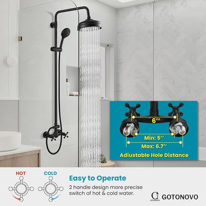 gotonovo Exposed Shower System Wall Mount,Matte Black,ABS Handheld | 8” Rain Shower Head Faucet Set Fixtures,2 Function,Two Cross Handle,Height Adjustable,for 5-6.7" Hole,Indoor Victorian Retro