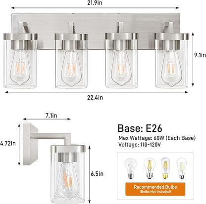 4-Light Bathroom Lighting Fixtures over Mirror, Brushed Nickel Vanity Lights with Square Transparent Glass Shade. Modern Bathroom Vanity Light for Mirror Kitchen, Living Room, Gallery, Hallway