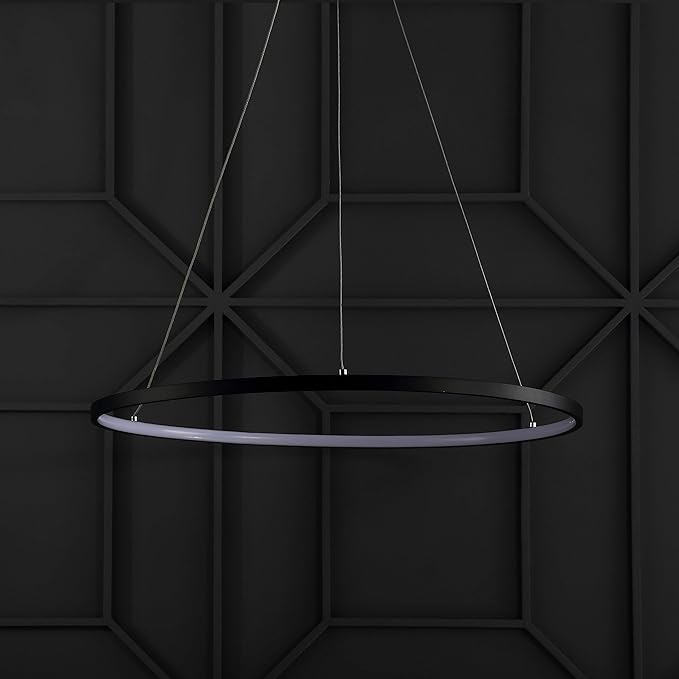 JONATHAN Y 23.75" Matte Black Modern Integrated LED Pendant Light, Dimmable Round Hoop Chandelier for Kitchen Island, Dining Room, Adjustable Height Metal Hanging Light (JYL7203A)