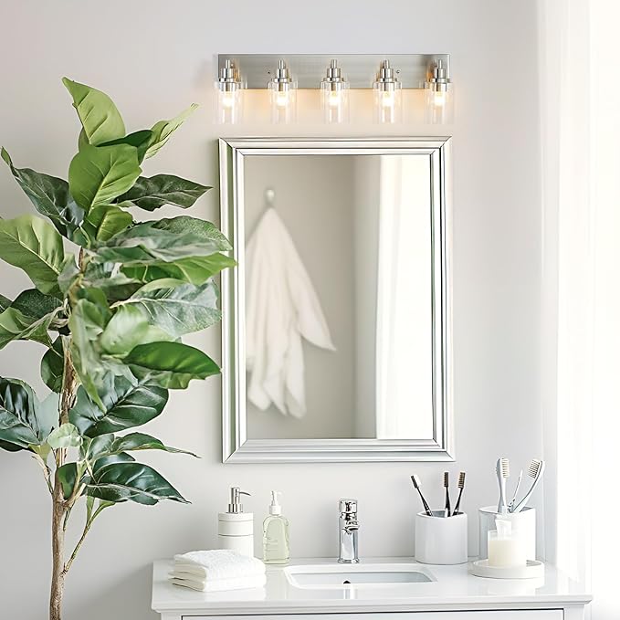 LOUSACE 5 Light Bathroom Vanity Light Brushed Nickel, Bathroom Lighting Fixtures with Clear Glass Shades Over Vanity Mirror, Modern Wall Sconces Fixtures for Bedroom Living Room, E26 Socket
