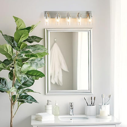 LOUSACE 5 Light Bathroom Vanity Light Brushed Nickel, Bathroom Lighting Fixtures with Clear Glass Shades Over Vanity Mirror, Modern Wall Sconces Fixtures for Bedroom Living Room, E26 Socket